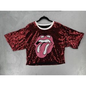 Rolling‎ Stones Sequin Crop Top Women One Size Red Tongue Graphic Concert Tee